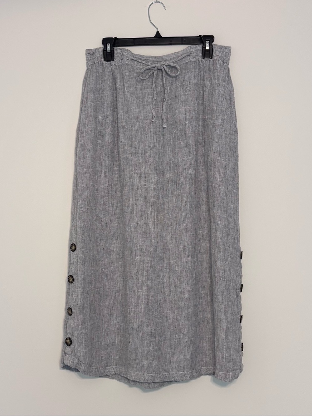 Tahari 100% Linen Gray Midi Skirt Buttons Coastal Vacation Breathable Size L